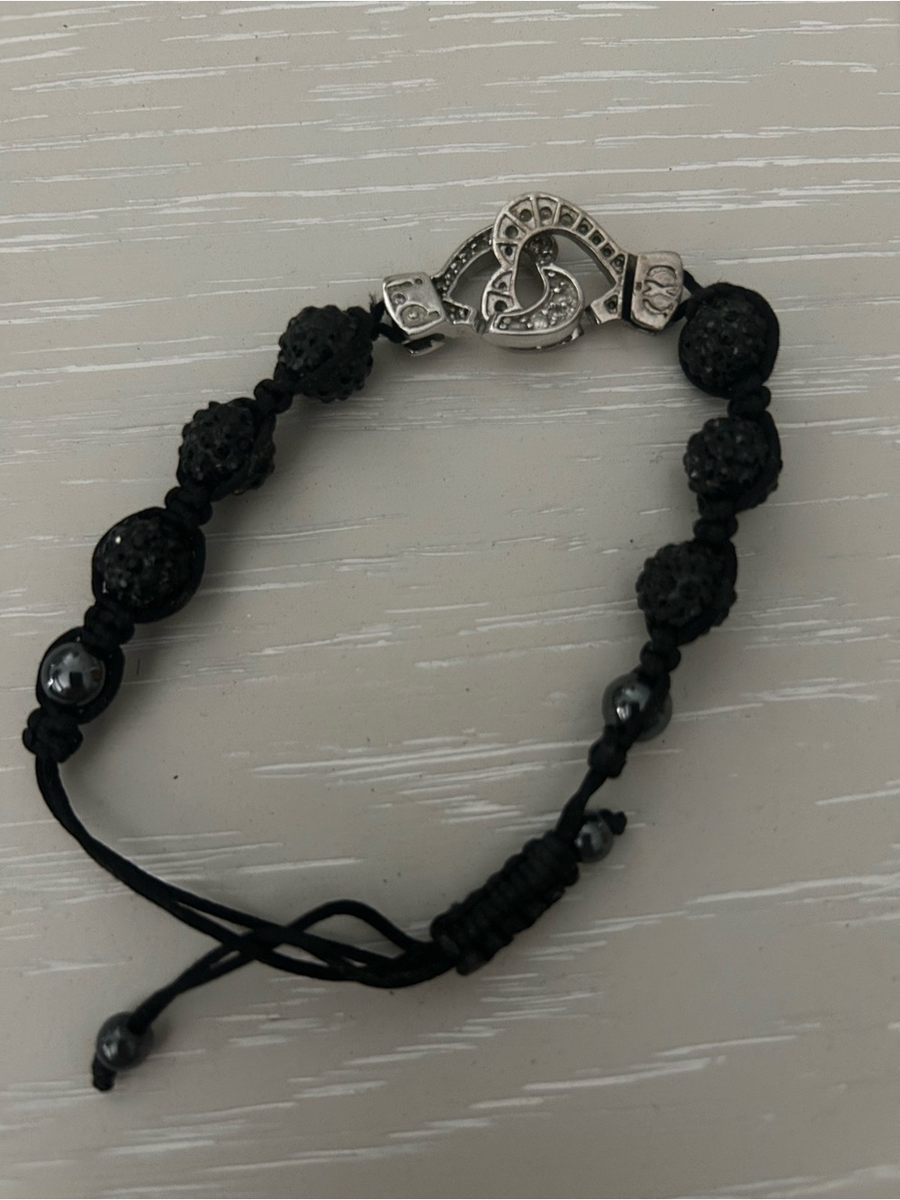 Black Beaded Macrame Bracelet with Silver Heart Handcuff Clasp, Real Blingy